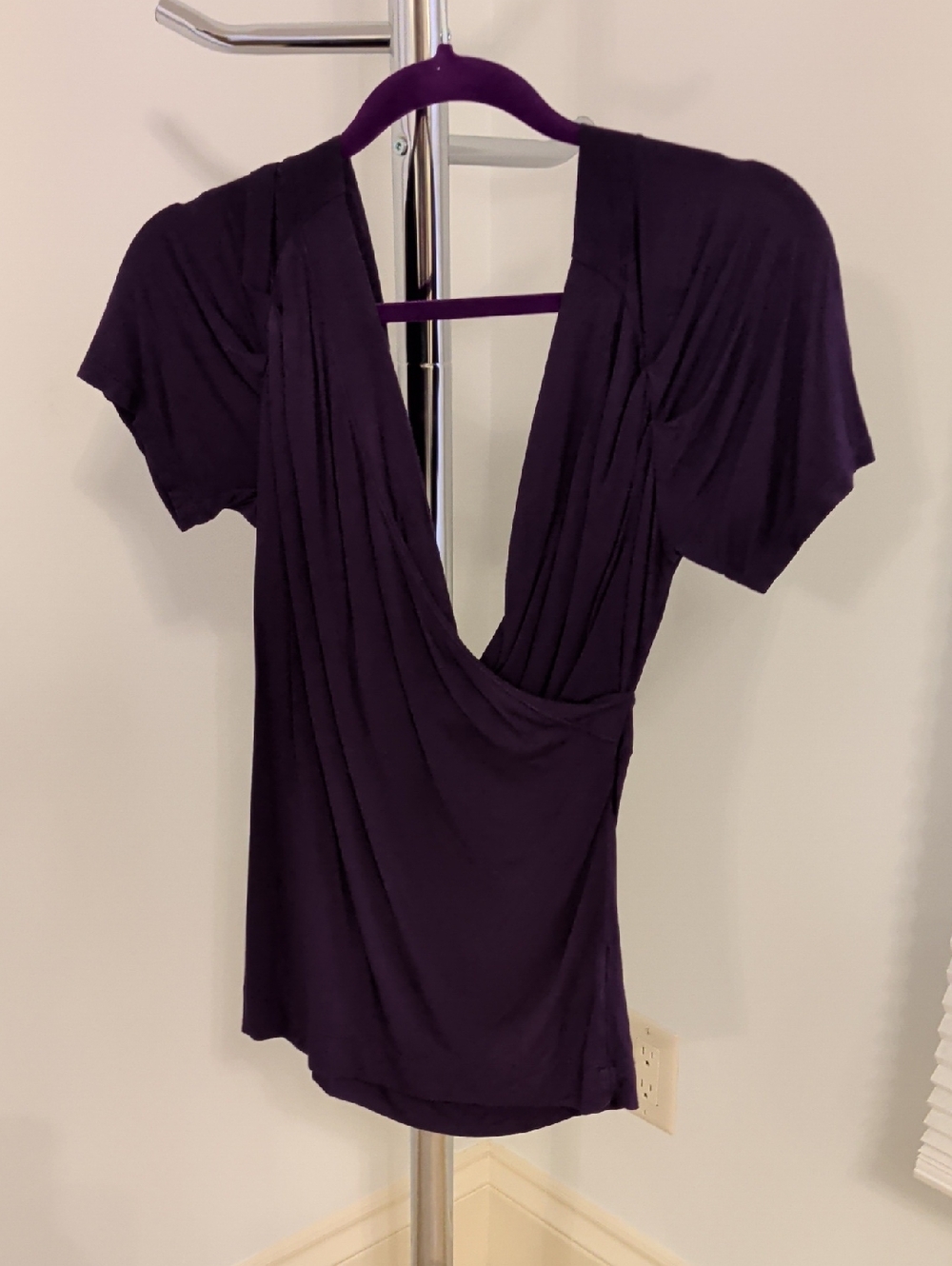 Draped Short-Sleeve V-Neck Top in Deep Purple